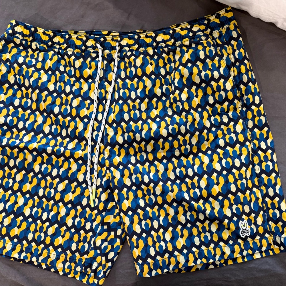 Psycho Bunny Blue and Yellow Swim Trunks